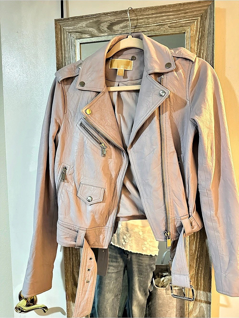Michael Kors Crinkled Leather Moto Jacket Lilac XS
